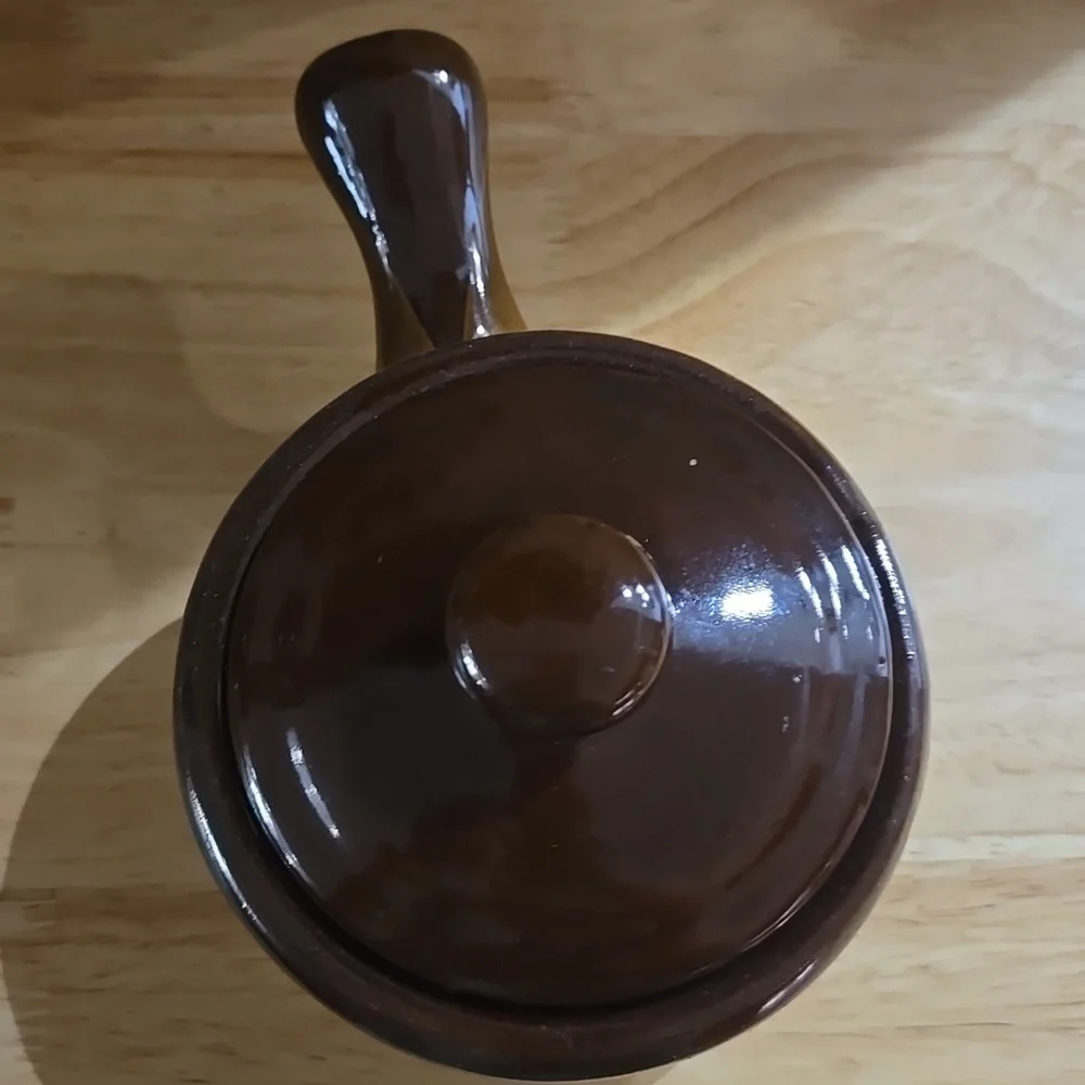 Antique Brown and Cream Ceramic Soup Bowl with Handle - Picture 5 of 9
